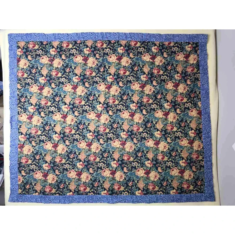 Vintage Handmade Patchwork Floral Quilt Blue Burgundy Cottagecore Throw 46x38